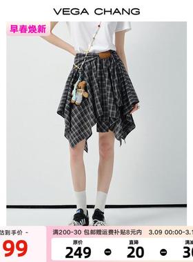 VEGA CHANG半身裙女2025春夏新款不规则设计下摆经典黑白格纹短裙