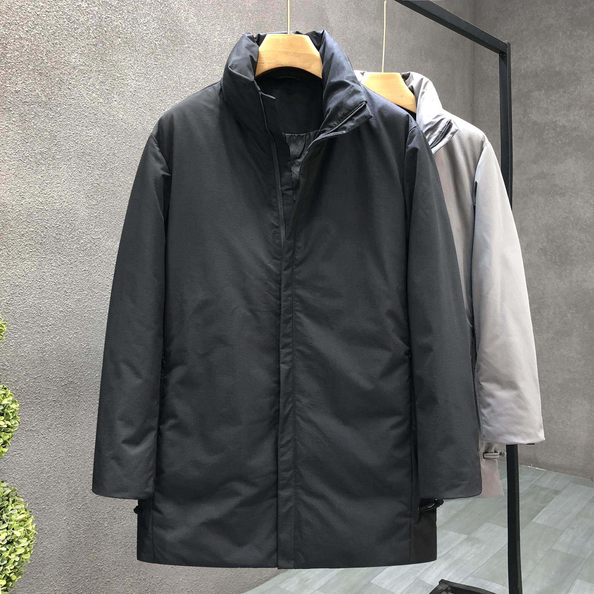 轻商务纯色羽绒服男中长款冬季加厚外套男士高档简约立领休闲上衣