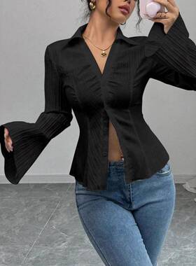 Women'S Spring Fall Solid Texture Polo Neck Shirt Blouse,