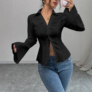 Women'S Spring Fall Solid Texture Polo Neck Shirt Blouse,