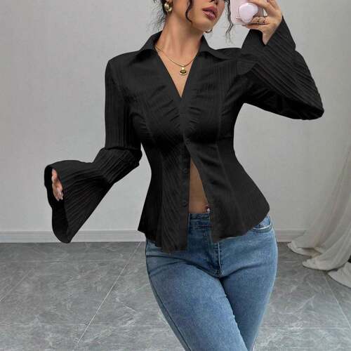 Women'S Spring Fall Solid Texture Polo Neck Shirt Blouse,