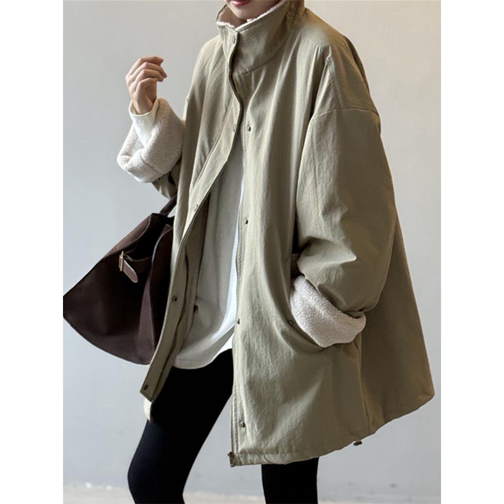 2025年秋冬季派克服女款新款设计感保暖羊羔毛立领中长款棉服外套