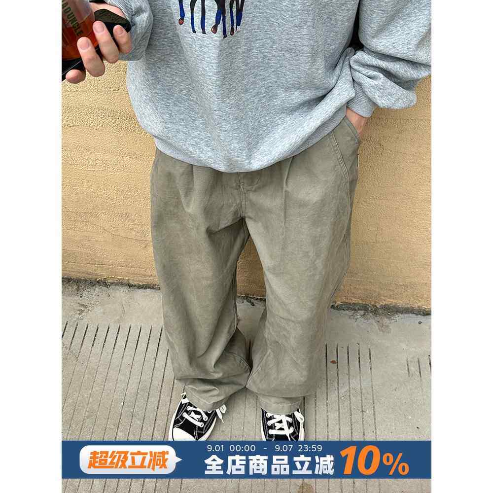 纯棉休闲长裤男生春秋款日系卡其色宽松直筒垂感男款秋天裤子男