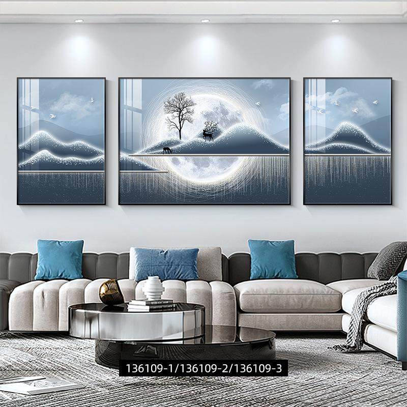 福鹿山水客厅装饰轻奢高级感沙发背景墙蓝色抽象三联挂墙壁,家居饰品,现代装饰画,淘宝优惠券,粉丝福利购,淘宝优惠卷