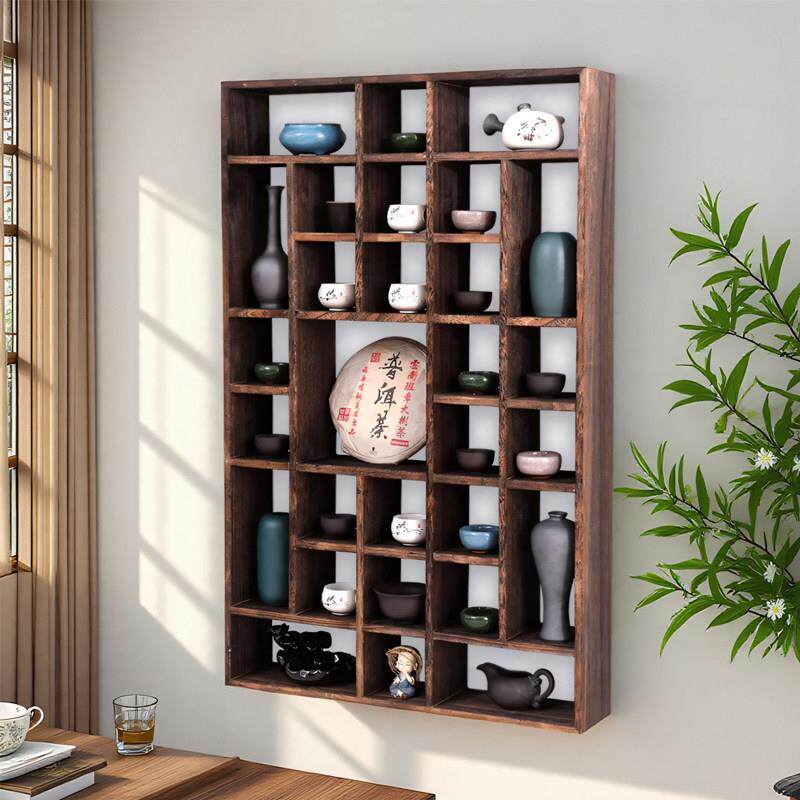 博古架实木中式壁挂式墙上多宝阁茶室背景收纳层架置物架茶具展示