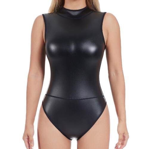 Jumpsuit patent leather bodysuit back zipper vest triangle