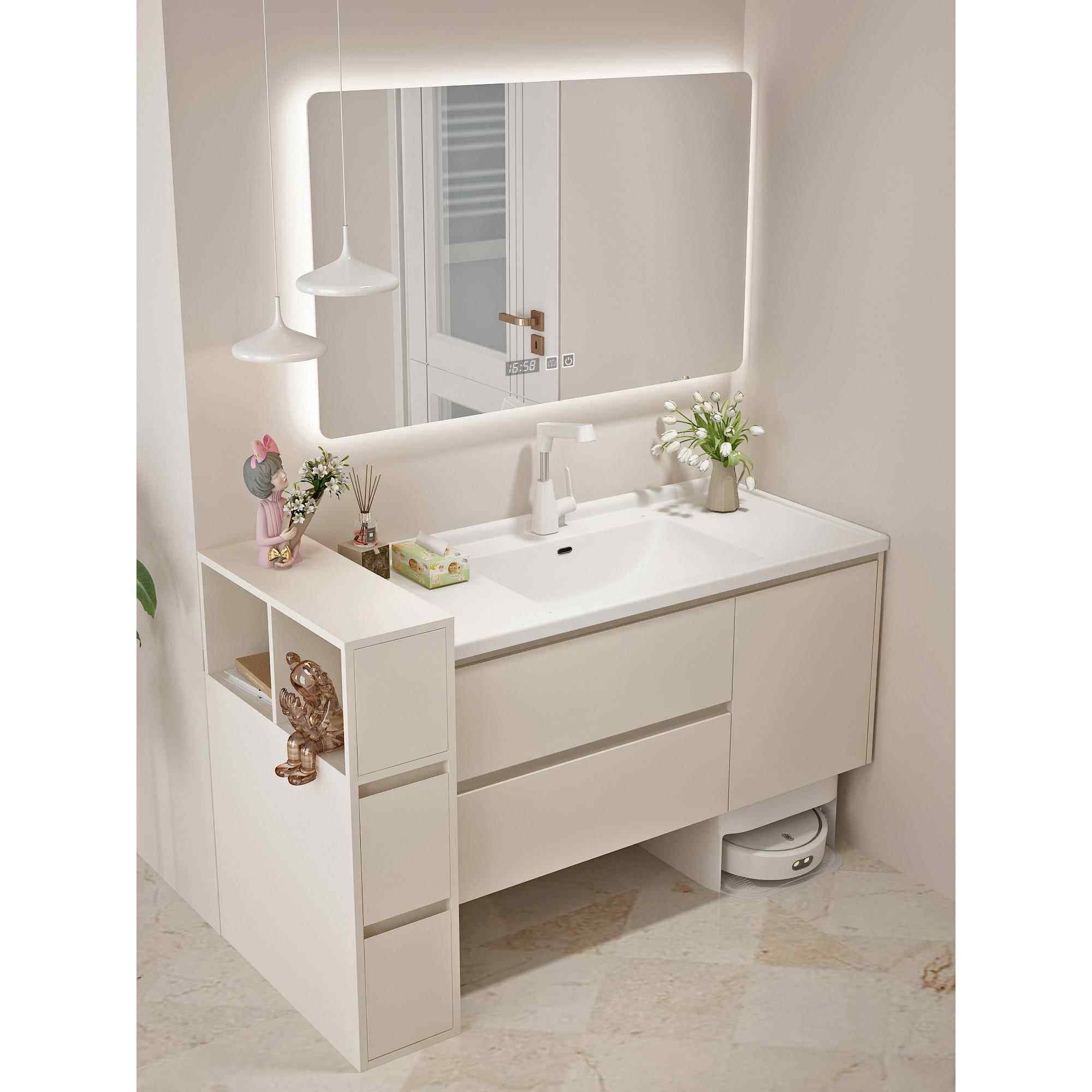 奶油风实木浴室柜隔断边柜组合放扫地机陶瓷一体盆洗手台定制尺寸