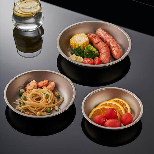 钛盘纯钛圆盘家用抗菌水果盘户外野餐纯钛餐具汤盆餐盘盘子