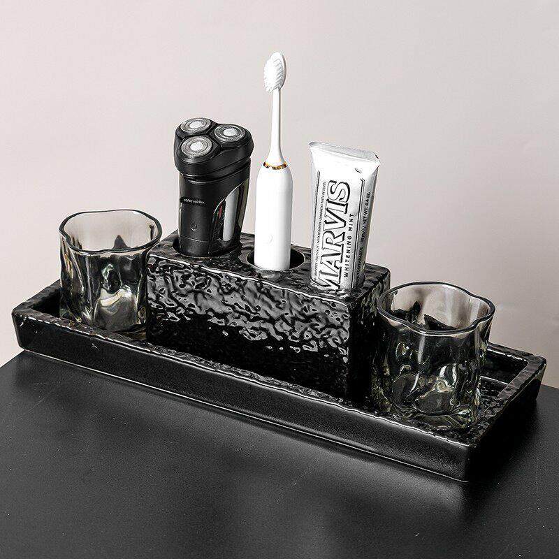 轻奢电动牙刷置物架高级感牙膏漱口杯子套装洗手间洗漱台收纳托盘