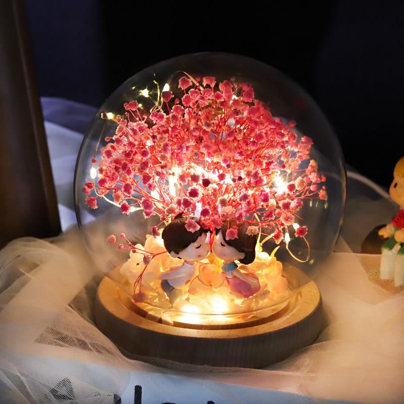 满天星永生花干 干燥花摆件真花小夜灯玻璃罩高级感生日礼物送女