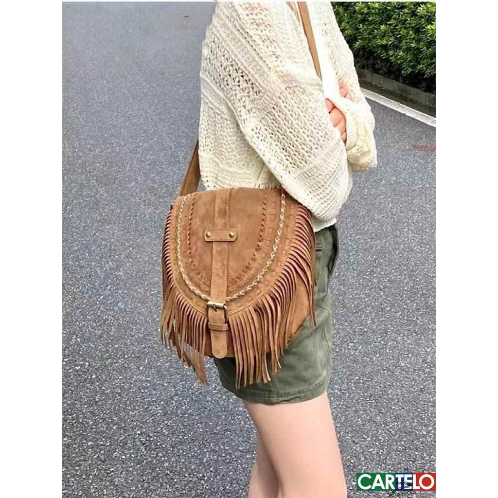 2024欧美复古流苏包仿麂皮马鞍包包废土风穿搭出片女包单肩斜挎包