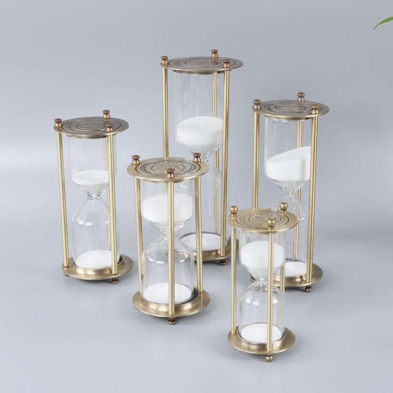 金属三柱玻璃沙漏计时器HJ001意复古计家时沙漏创厅客居装饰沙漏