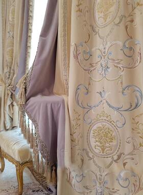 窗帘轻奢高刺卧室绣全遮VLB光主法式客厅紫色浪漫公风丝绒欧端式