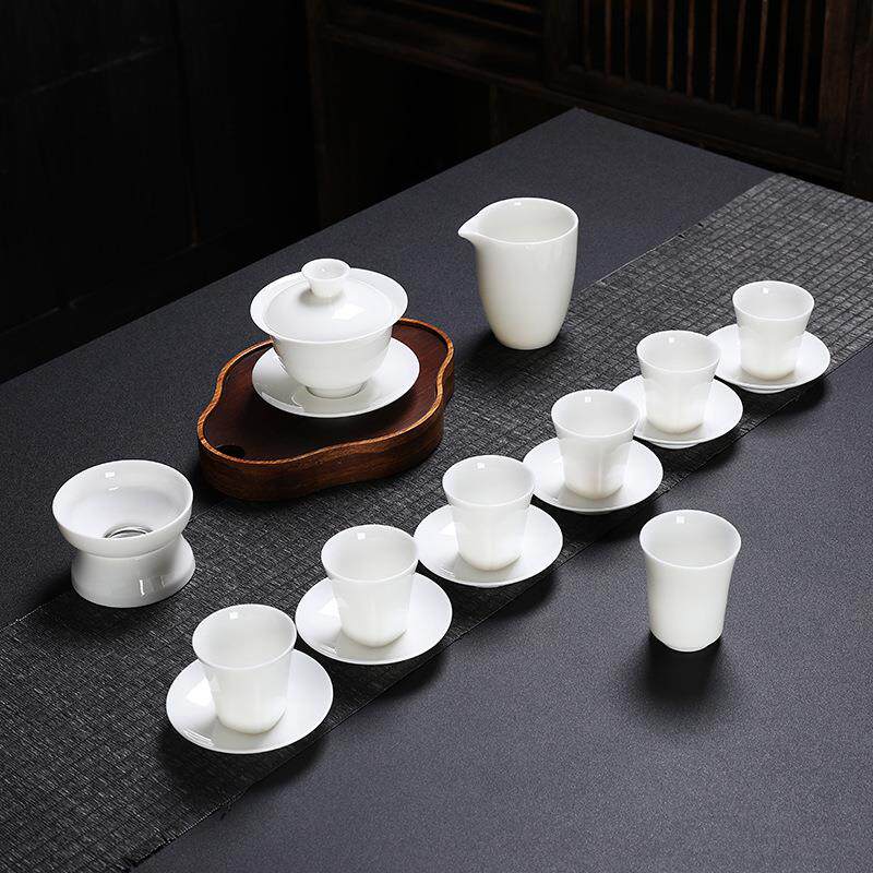 羊脂玉描金茶具套装盖碗陶瓷功夫品茗杯家用杯垫主人杯整套礼盒装
