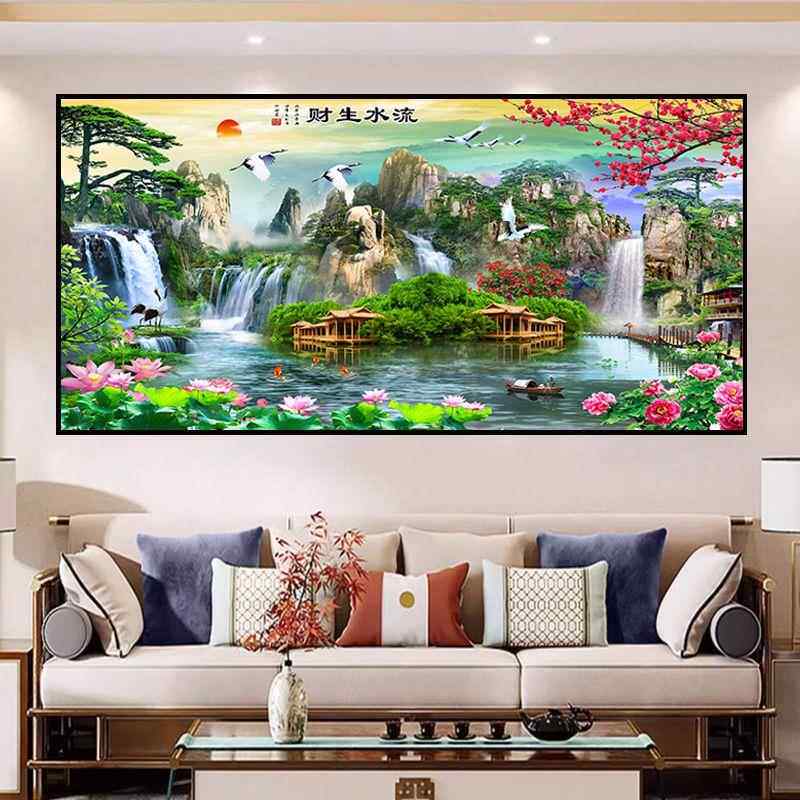 家居装饰壁画山水画海报 瀑布流水生财风水画迎客松八骏图墙贴纸