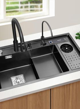 黑色水槽304不锈钢洗菜盆阶梯式带洗杯器台下盆多功能厨房大单槽