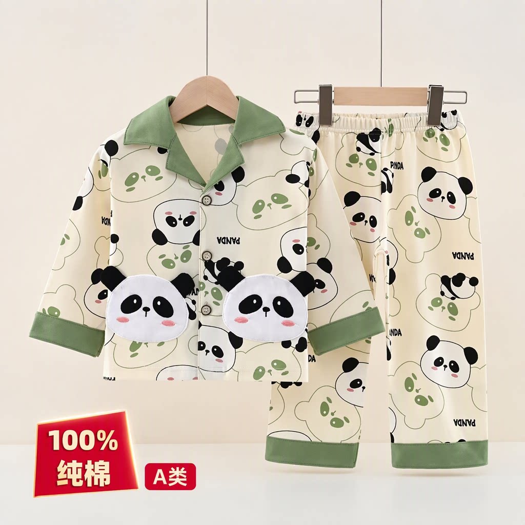 A类100%纯棉儿童睡衣男女童春秋长袖中大童卡通家居服套装空调服
