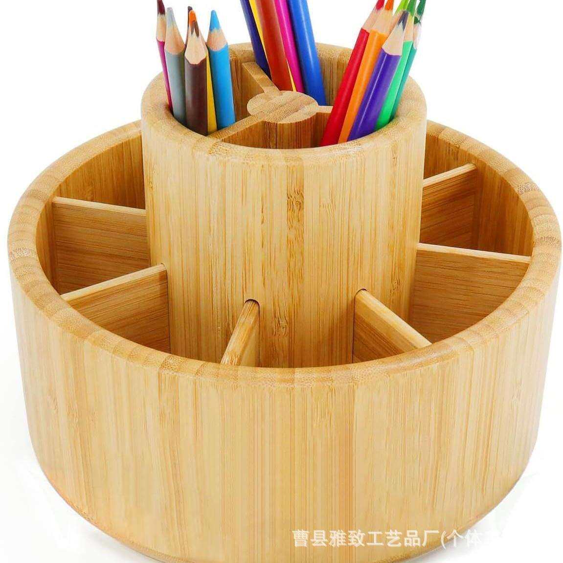现货新款竹制旋转笔筒化妆工具收纳盒文具收纳盒多用途旋转收纳盒