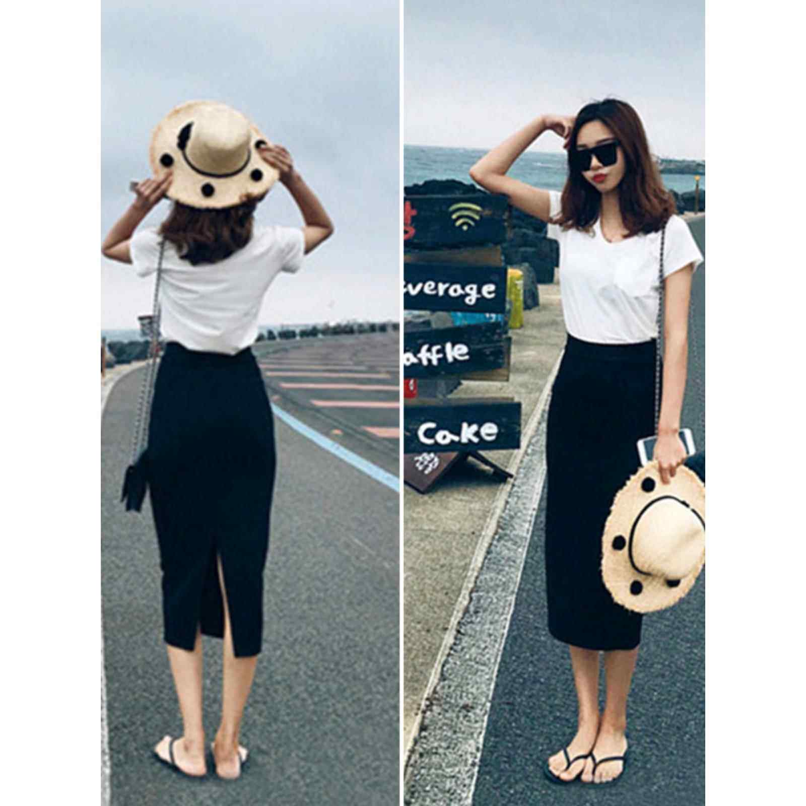 韩国春夏甜美弹力开叉包臀裙半身长裙女高腰显瘦黑色一步裙半身裙