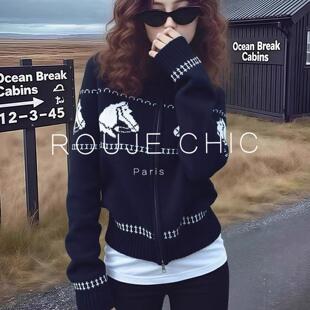 ROUJE CHIC法式费尔岛黑色拉链针织开衫女早春季慵懒加厚毛衣外套