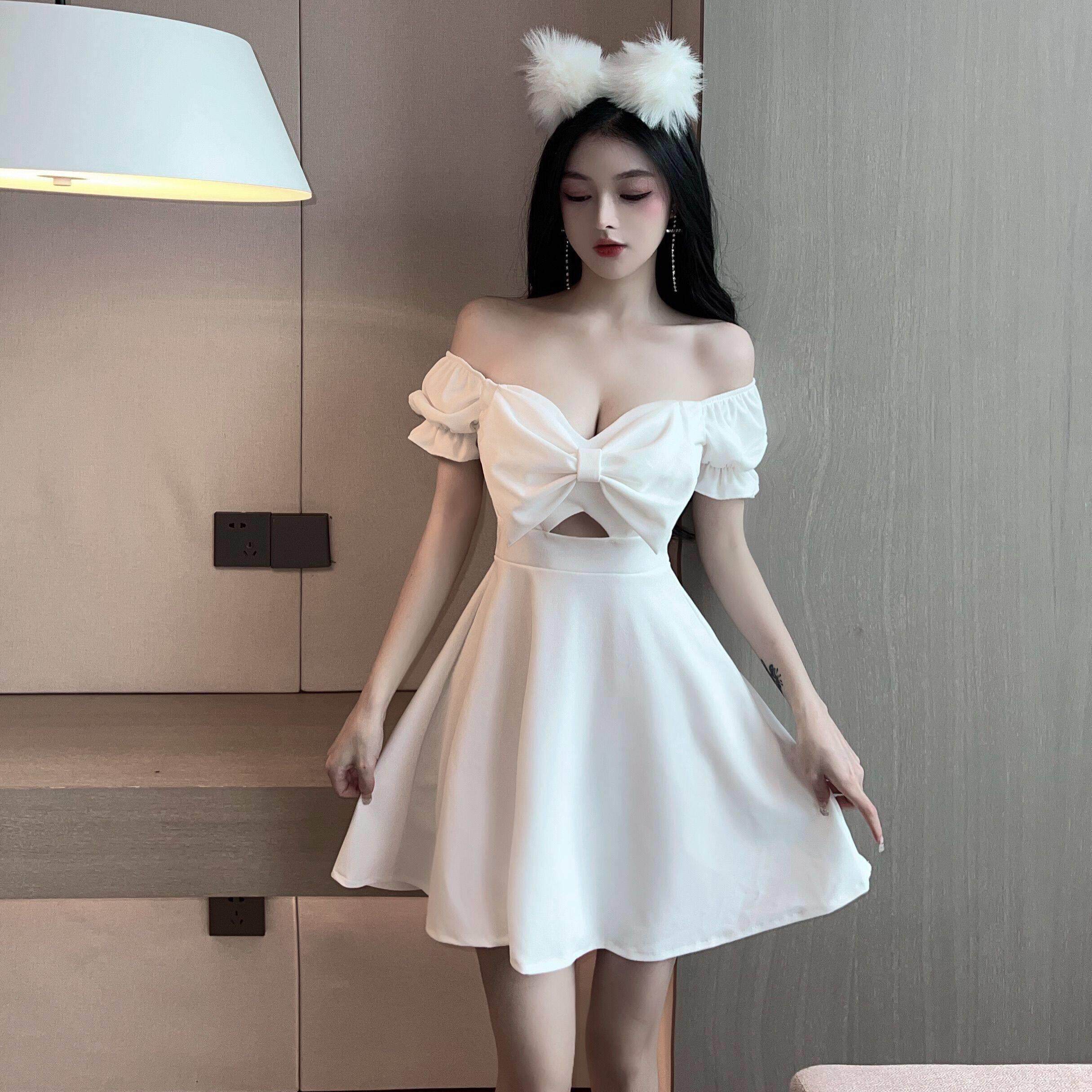 2025春夏季新款夜店女装性感领蝴蝶结高腰显瘦泡泡袖蓬蓬连衣裙