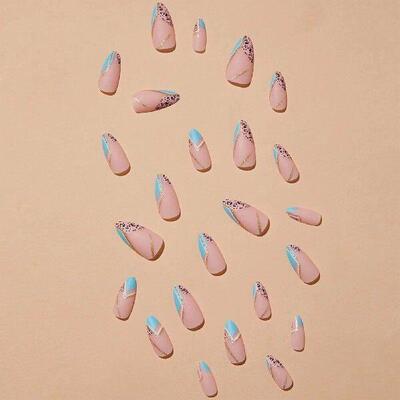 Glitter Line Printed Pink False Manicure Charming