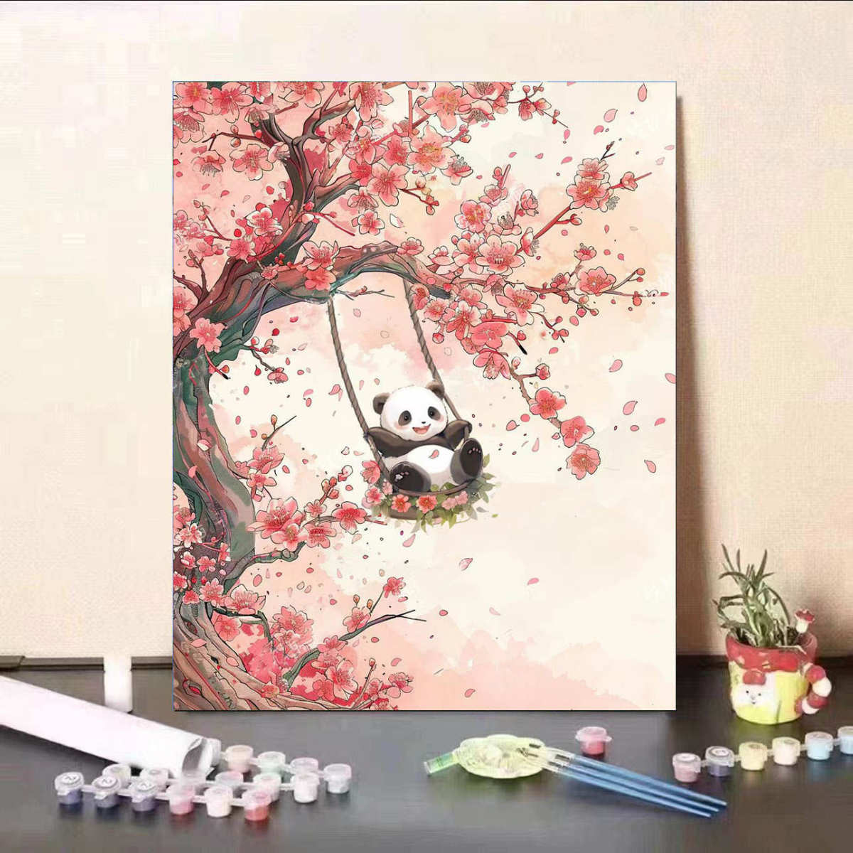 diy数字油画桃花熊猫油彩画治愈手工填色装饰画摆摊一件代发