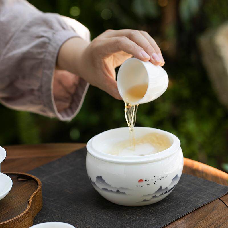 羊脂玉建水带盖茶渣缸白瓷茶洗茶钵日式陶瓷水盂功夫茶具茶道配件