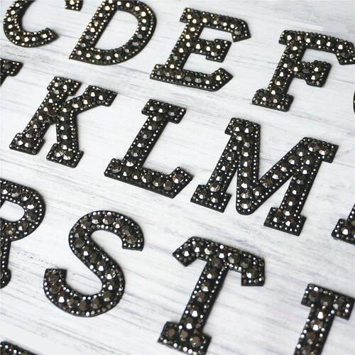 Black Rhinestones 26 Alphabet Letters ABC Sew Iron On Patche