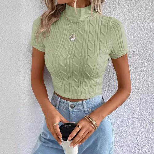High neck slimming twisted flower knitted short sweater