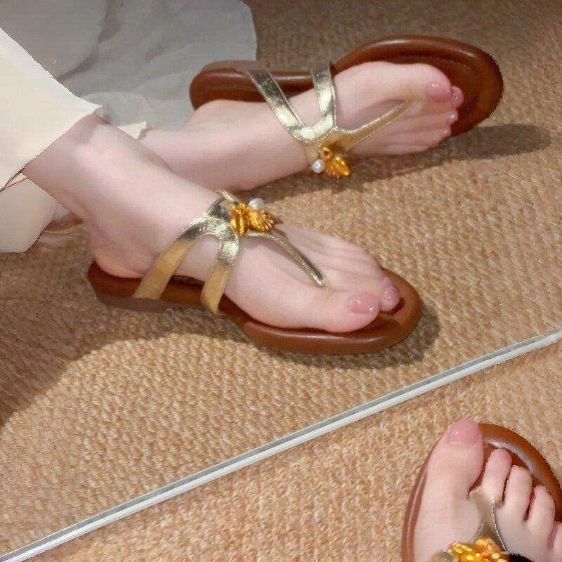 拖鞋金色人字拖女外穿夏防滑耐磨法式旅行海边沙滩散步绝美凉拖