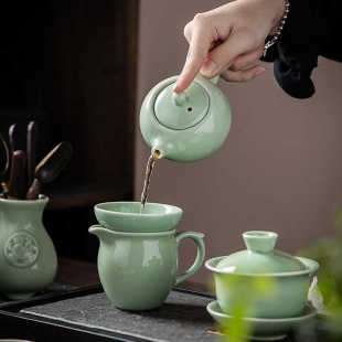 家用简约功夫泡茶壶汝窑哥窑茶杯茶海盖 xyt豪峰整套青瓷茶具套装