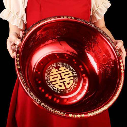 结婚脸盆加厚不锈钢红盆一对娘家陪嫁洗漱全套婚庆套装新娘嫁安