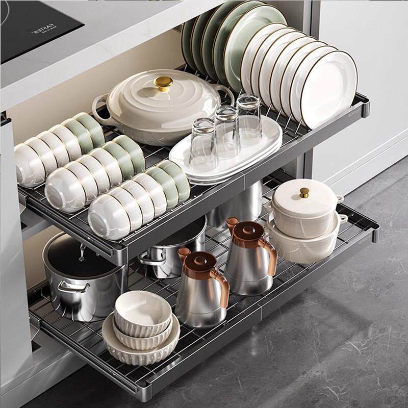 不锈钢厨房置物架可伸缩碗架沥水架柜内抽屉拉篮抽拉式碗碟收纳架