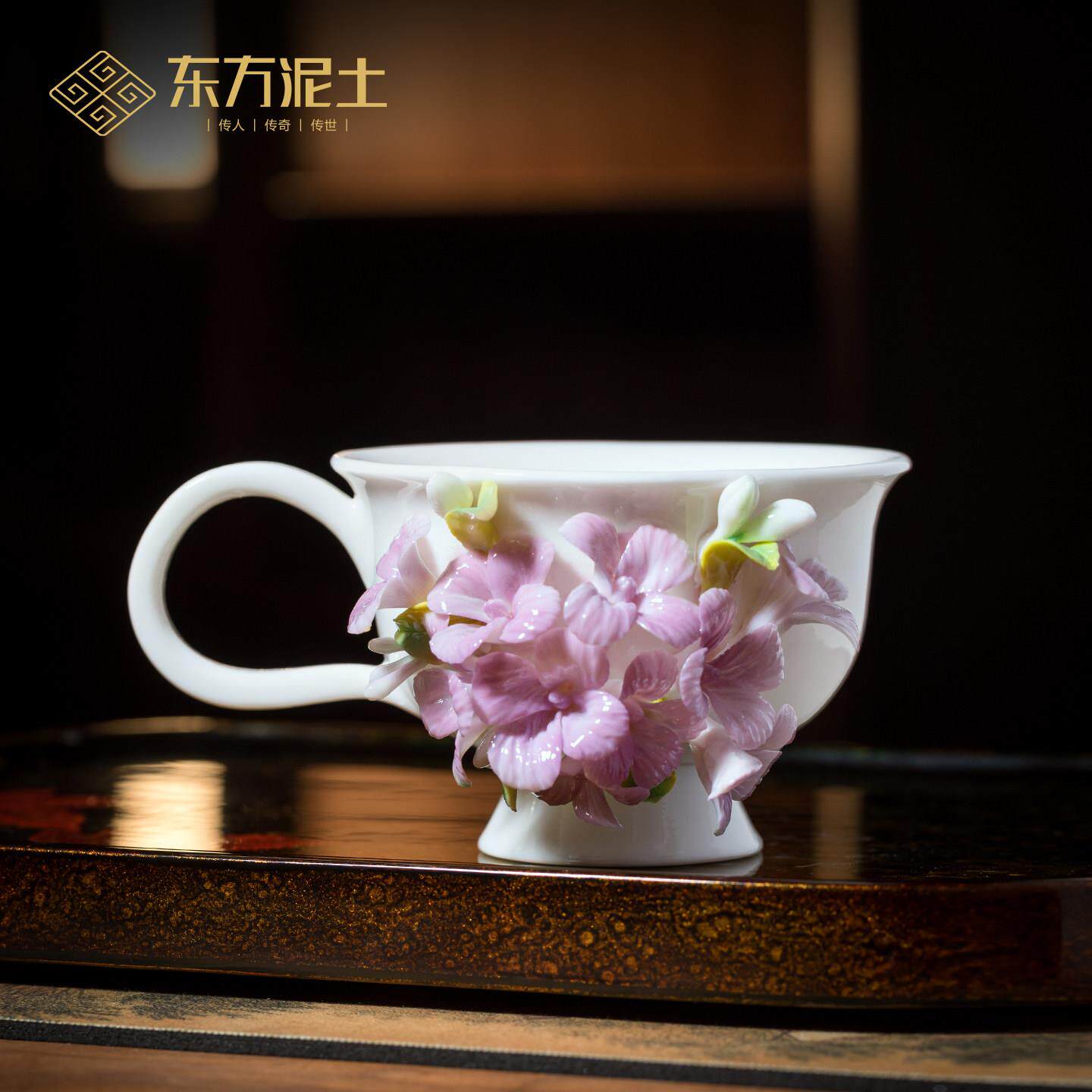 非遗手工陶瓷釉下彩绣球花咖啡杯水杯茶杯轻奢高颜值茶桌装饰摆件