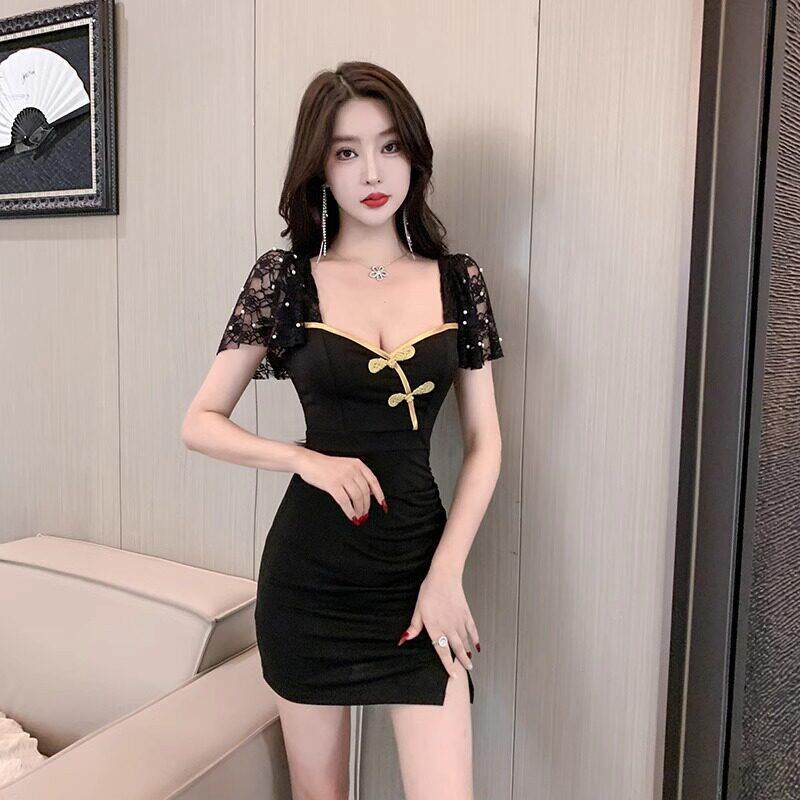 夜场性感连衣裙低胸桑拿足疗足浴技师工作服夜总店蕾丝连衣裙旗袍