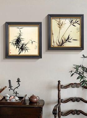 新中式客厅装饰画竹子天鹅中古风玄关书房黑色方形框壁画法式挂画