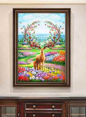 玄关装饰画欧式风格麋鹿小尺寸竖版走廊挂画过道壁画美式客厅油画