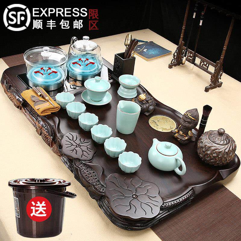 黑檀实木茶盘功夫茶具套组家用全自动底部上水烧水壶一体边雕茶台