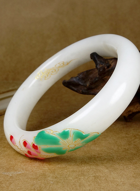 内径63mm天然新疆和田玉羊脂白玉且末料珐琅彩绘女款手镯80.00g