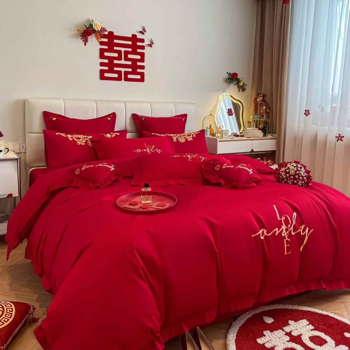 简约红四件套色中国风结婚床上人品全棉被套纯棉DFHM1007床单1.8