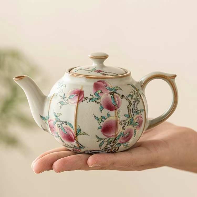 米黄汝窑九桃茶壶一壶两杯陶瓷泡茶壶家用泡茶茶具冰裂壶小西施壶