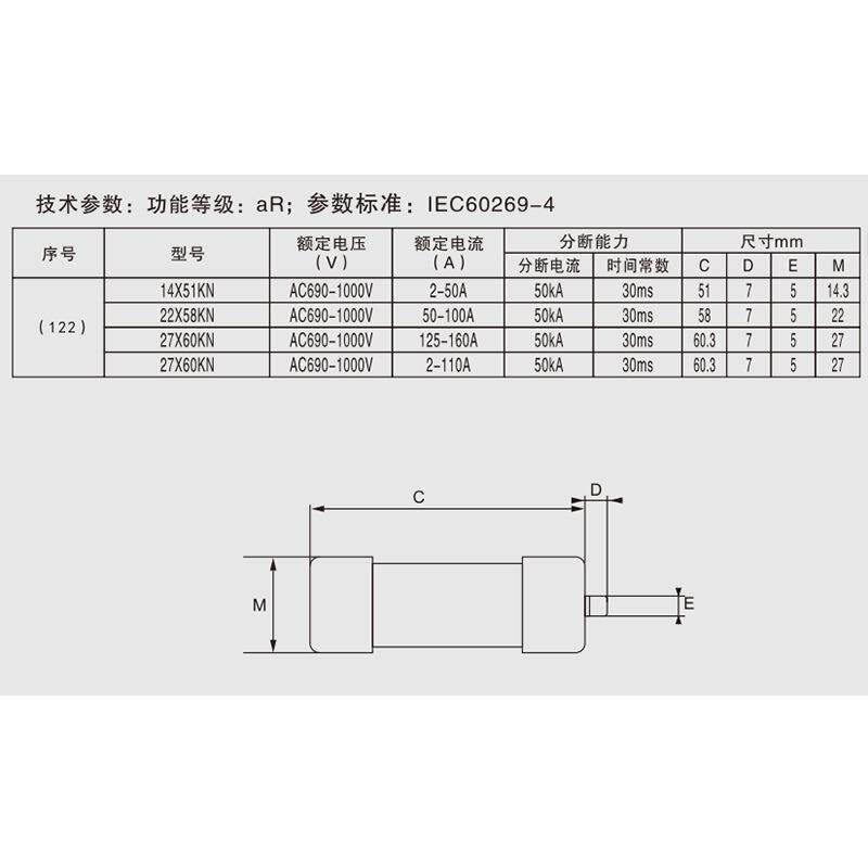 27X60KNtAC690V/1000Vt2A-110A 圆柱形快速熔断器