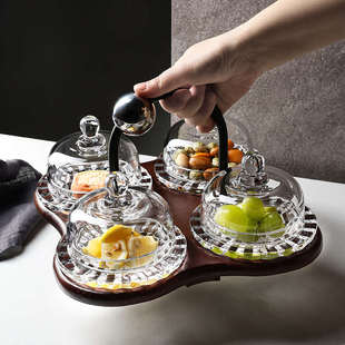 新款茶点盘酒店欢迎果盘实木托盘六宫格零食盘家用玻璃盖点心托盘
