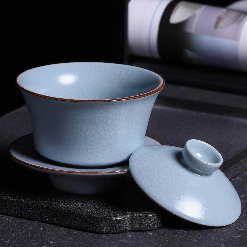 汝窑三才盖碗陶瓷复古单个泡茶器家用开片可养功夫茶具泡茶碗