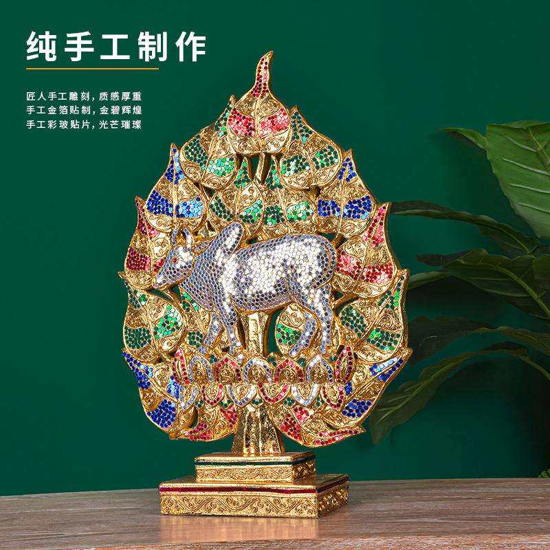 泰国木雕生肖牛工艺品泰式客厅装饰品东南亚风格餐厅菩提叶摆件