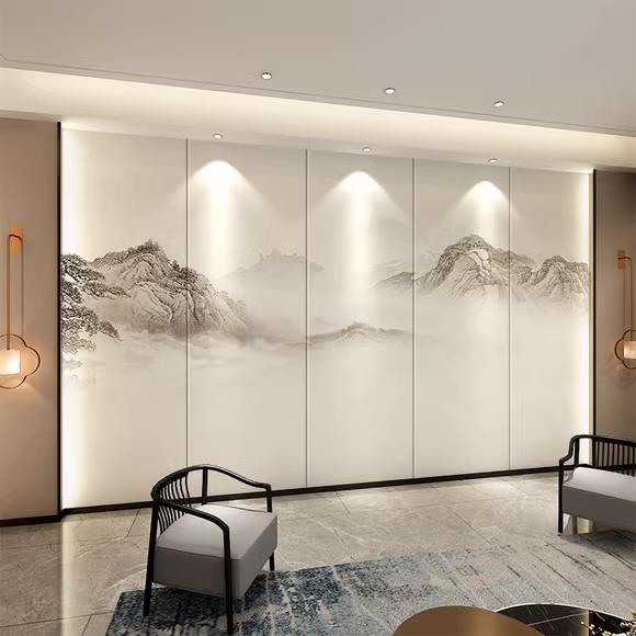 新中式山水画 画集成护墙板简约意境办公茶室碳晶板沙发电视背景