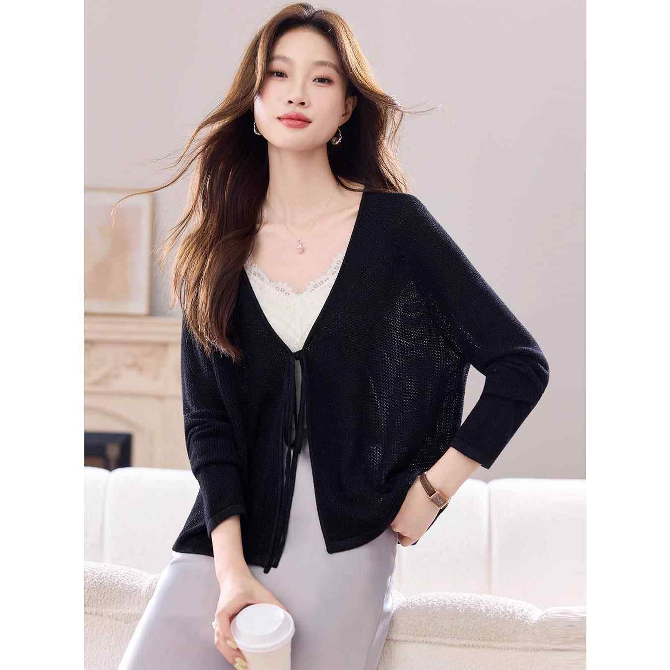 MONLOUVE时尚V领针织开衫女早秋2025新款高级感洋气宽松薄款防晒