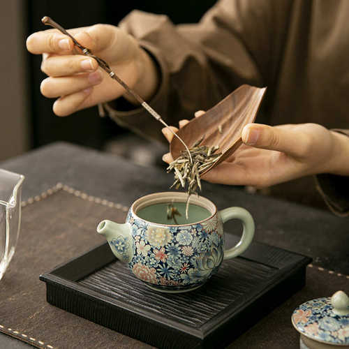 掐丝金牡丹汝窑茶壶复古陶瓷开片可养泡茶壶家用功夫茶具中式壶