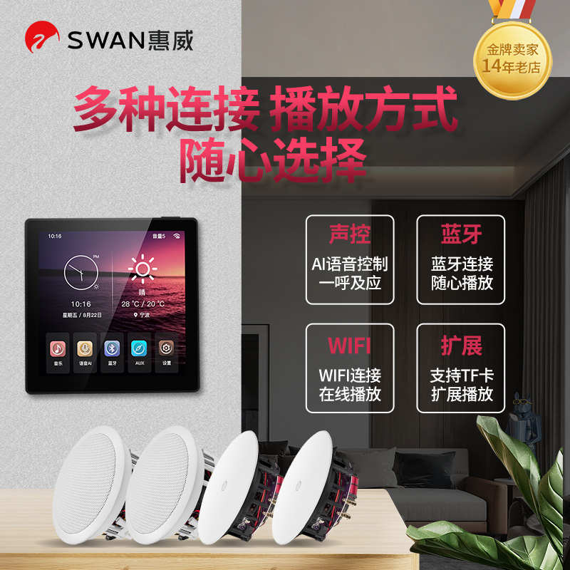 hivi/惠威 吸顶喇叭背景音乐主机套装家庭wif智能嵌入式86型主机